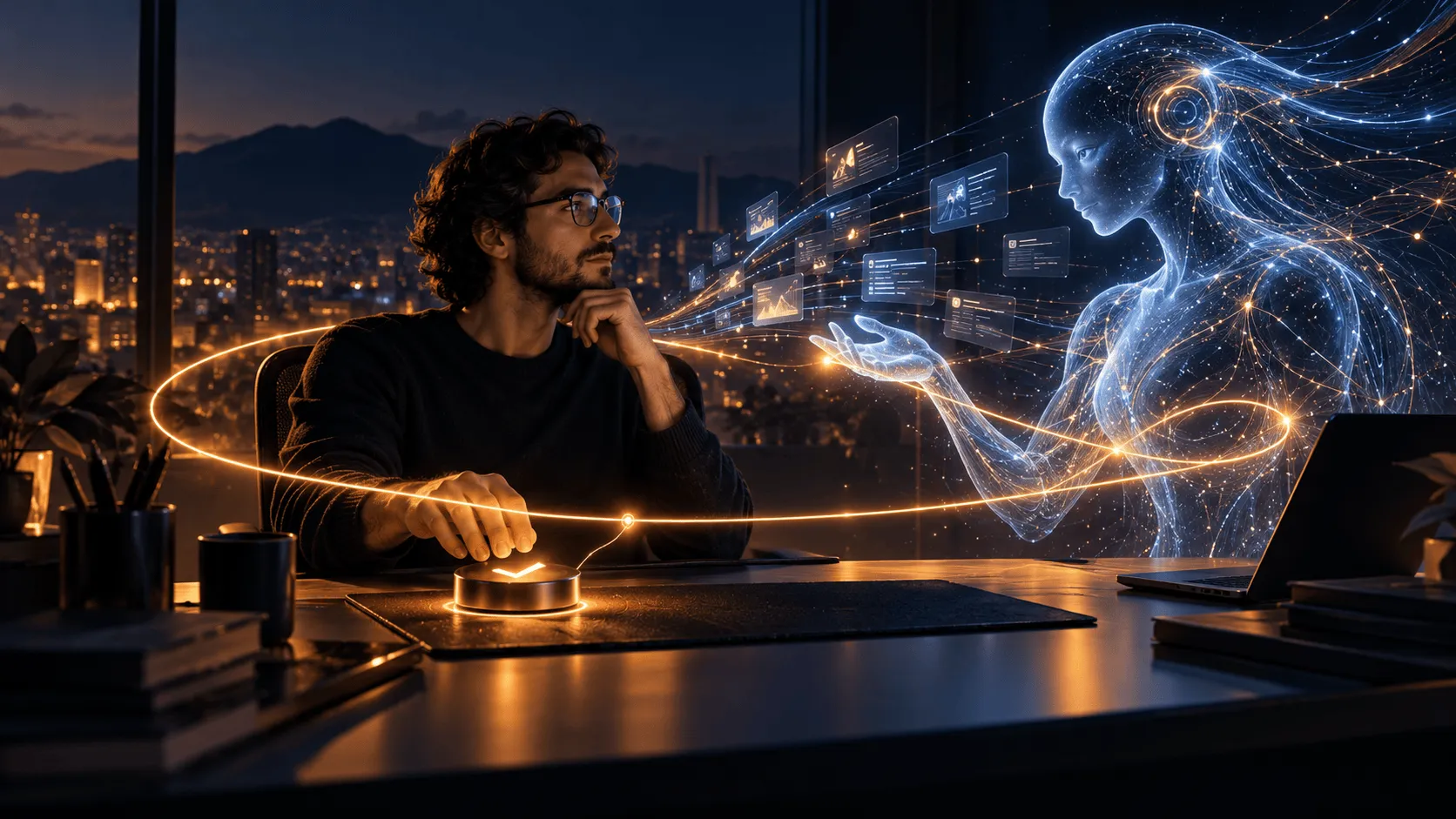 A human hand on the wheel while a machine writes the code: the human in command of the loop.